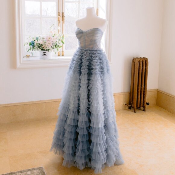milla Dresses & Skirts - its milla blue tulle ball gown dress w/ train sleeveless corset bodice S small